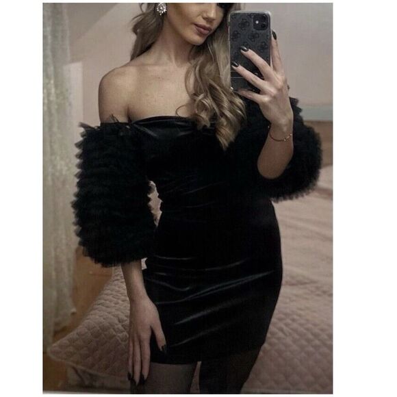 ZARA Dress S Black Velvet Tulle Balloon Sleeves 8351/253 FW22 Mini Off Shoulder - Picture 4 of 16